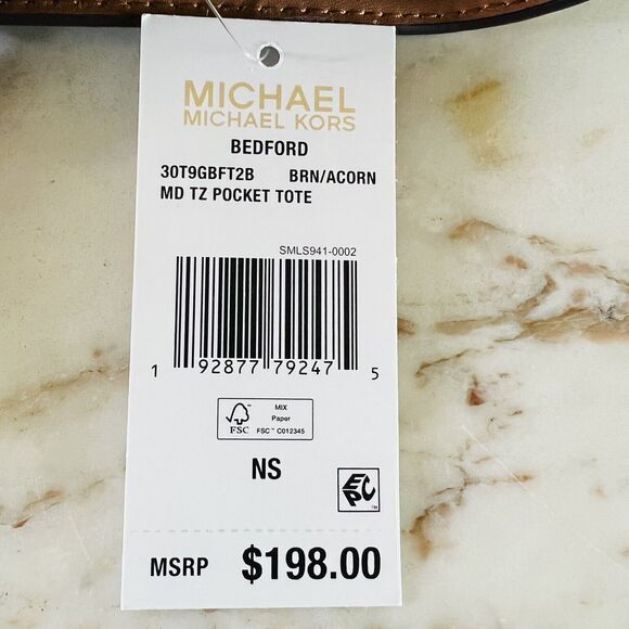 MICHAEL KORS Bedford Brown Acorn Leather Medium Top Zip Pocket Tote Bag - Picture 9 of 9